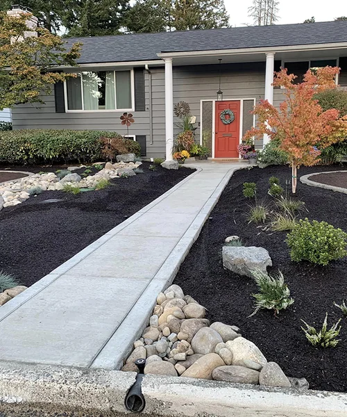 Irrigation systems, concrete curbs, plant design, and landscape rocks with grass seed in Fircrest 